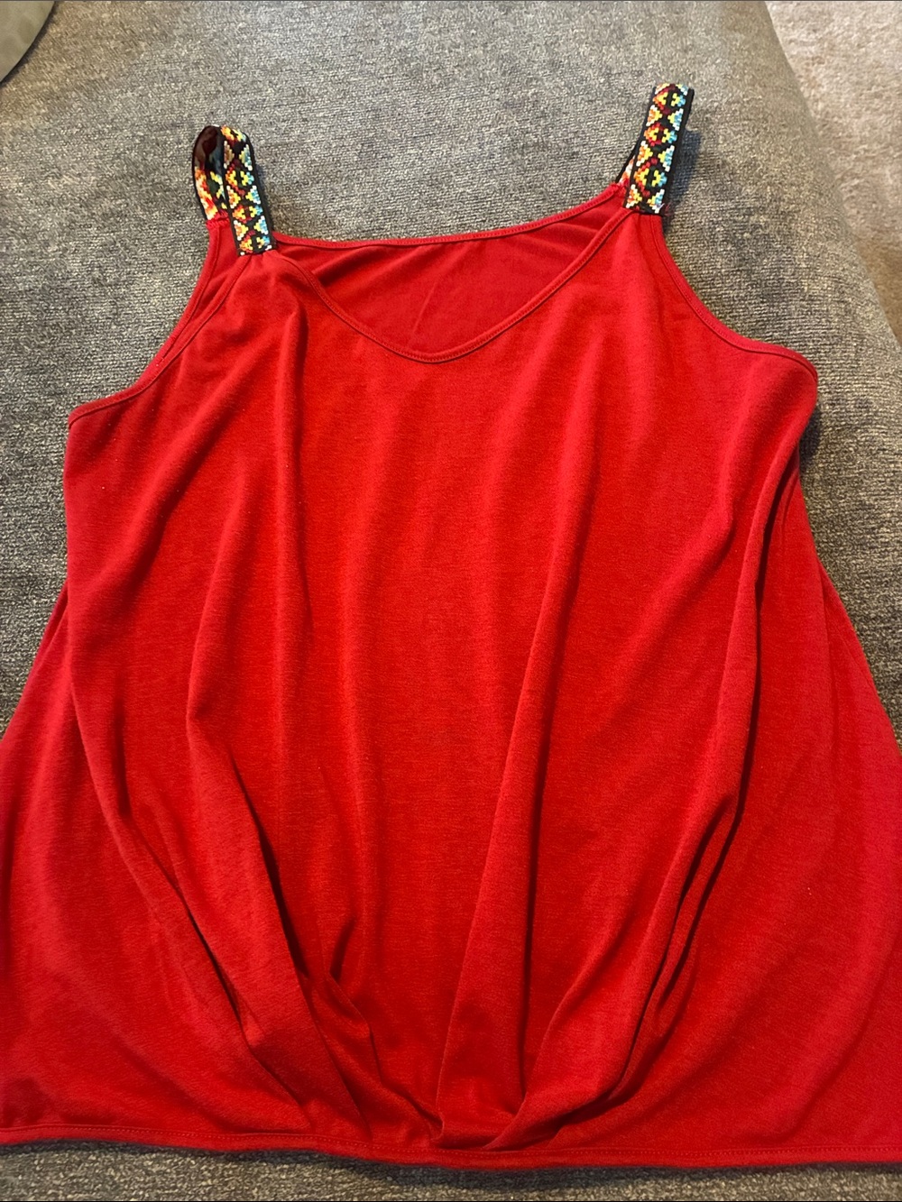 Women’s Red Tank Top with Patterned Straps Large